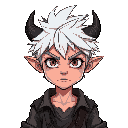 demon boy with messy spiky white hair, small back-facing horns. wears old torn clothes.