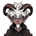 adult demon with thick, spiky, wild white hair like liebe or asta from black clover. twisted ram-like horns spiraling forward. wears old torn clothes.