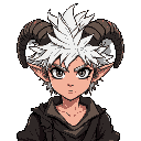 demon boy with thick, spiky, wild white hair like liebe or asta from black clover. twisted ram-like horns spiraling forward. wears old torn clothes.