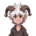 young adult demon with thick, spiky, wild white hair in anime style. twisted ram-like horns spiraling forward. wears old torn clothes. looks happy and kind.