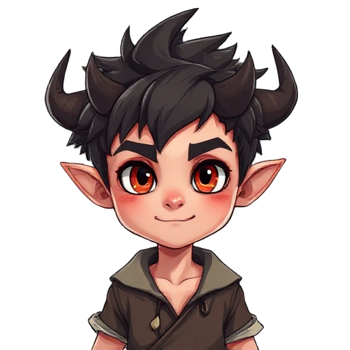 demon boy, spiky hair, small horns, torn clothes, gentle face.
