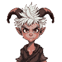 demon boy with messy spiky white hair, twisted ram-like horns spiraling forward. wears old torn clothes.