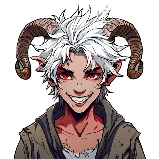 young adult demon with thick, spiky, wild white hair in anime style. twisted ram-like horns spiraling forward. wears old torn clothes. looks happy and kind.