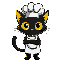 black cat with big yellow eyes with cooking chef cloathing