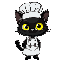  black cat with big yellow eyes with cooking chef cloathing