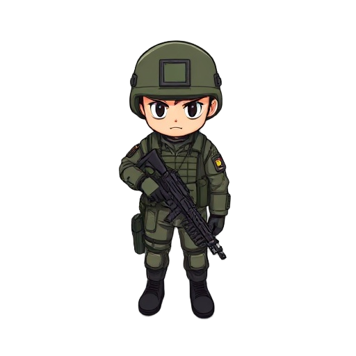 create an image of a soldier using chibi style and slightly turned to the right side