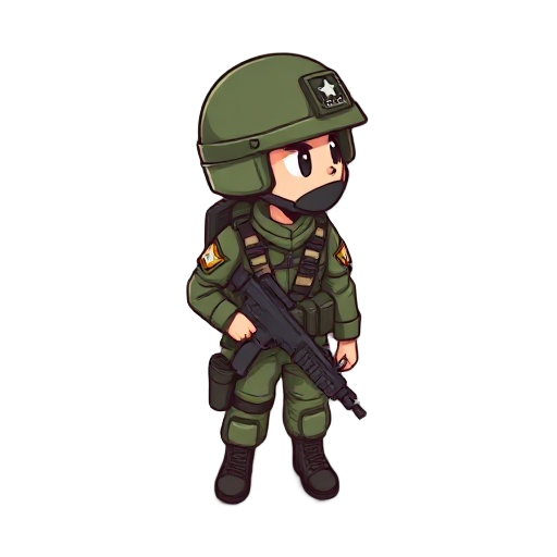 create an image of a soldier using chibi style and looking to the right side