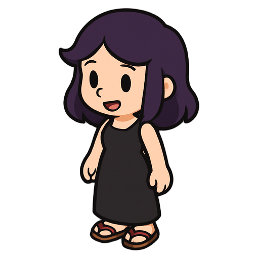 cria uma personagem de cabelo roxo escuro usando koqui além de tá usando vestido preto longo