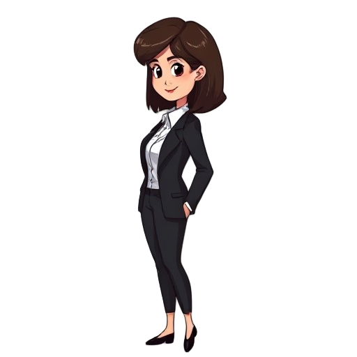a 2d side-scrolling game female character sprite, wearing a stylish black business suit and white blouse, shoulder-length dark brown hair, confident pose, animated-friendly proportions, clean line art, flat colors, front-facing side view (right)