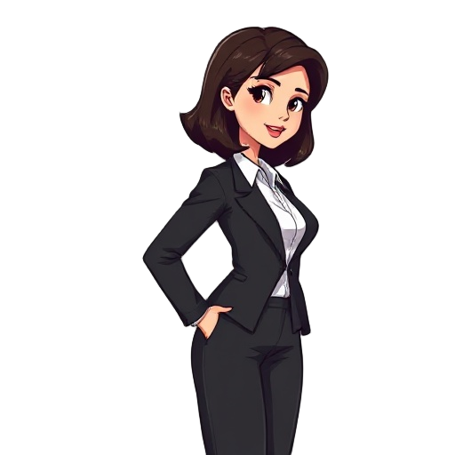 a 2d side-scrolling game female character sprite, wearing a stylish black business suit and white blouse, shoulder-length dark brown hair, confident pose, animated-friendly proportions, clean line art, flat colors, front-facing side view (right), pixel