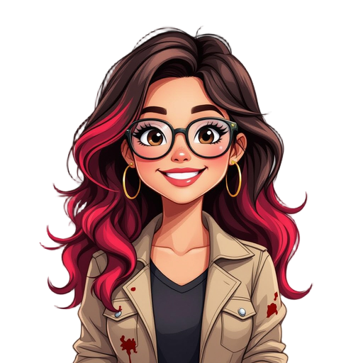 uma garota sorridente de óculos com cabelo longo e marrom com mechas vermelhas bem visíveis franja vermelha, vestindo um jaleco com pingos de sangue uma camisa preta
