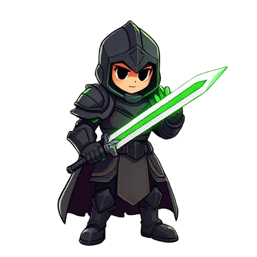 faça um personagem usando uma armadura preta com uma aura esverdeada emanando. ele deve segurar uma espada com a lamina verde