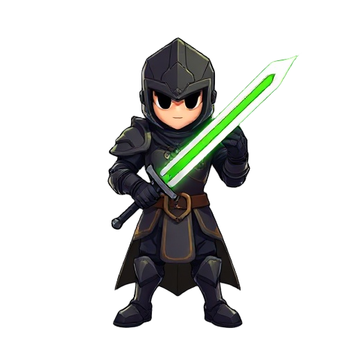 faça um personagem usando uma armadura preta com uma aura esverdeada emanando. ele deve segurar uma espada com a lamina verde
