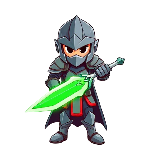 faça um personagem usando uma armadura com uma aura esverdeada emanando. ele deve segurar uma espada com a lamina verde