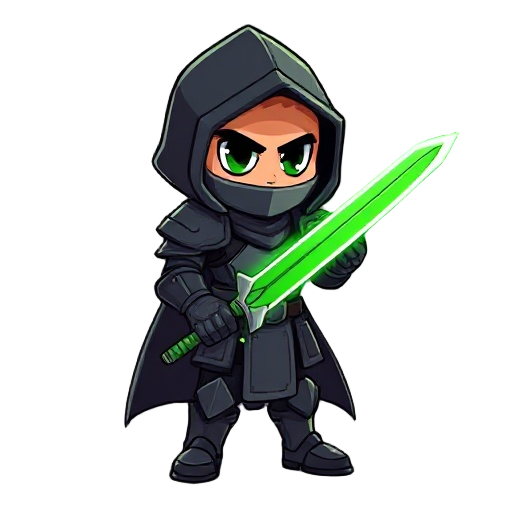 faça um personagem usando uma armadura preta com uma aura esverdeada emanando. ele deve segurar uma espada com a lamina verde