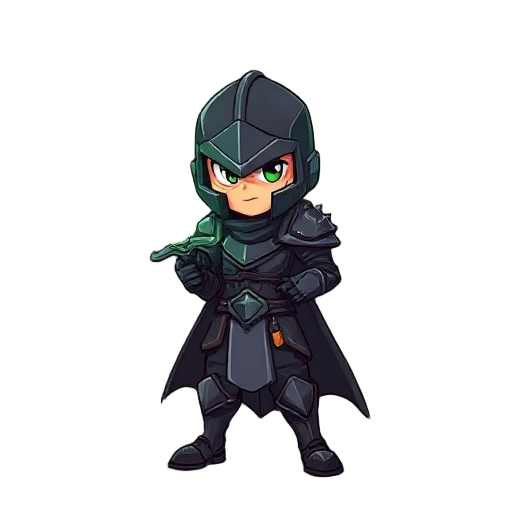 faça um personagem usando uma armadura preta com uma aura esverdeada emanando. ele deve segurar uma espada com a lamina verde