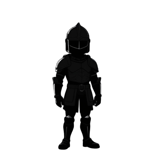 a completely black silhouette of a human figure wearing medieval armor. no visible details beyond the outer shape: helmet, shoulder plates, chest armor — all as a solid shadow. the image should be ent