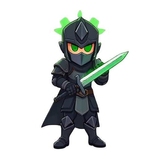 faça um personagem usando uma armadura preta com uma aura esverdeada emanando. ele deve segurar uma espada com a lamina verde