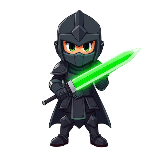 faça um personagem usando uma armadura preta com uma aura esverdeada emanando. ele deve segurar uma espada com a lamina verde
