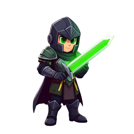 faça um personagem usando uma armadura preta com uma aura esverdeada emanando. ele deve segurar uma espada com a lamina verde
