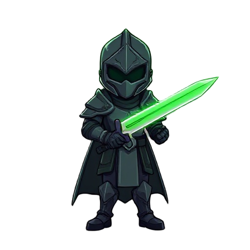 faça um personagem usando uma armadura preta com uma aura esverdeada emanando. ele deve segurar uma espada com a lamina verde