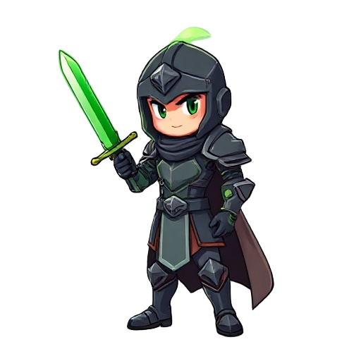 faça um personagem usando uma armadura preta com uma aura esverdeada emanando. ele deve segurar uma espada com a lamina verde