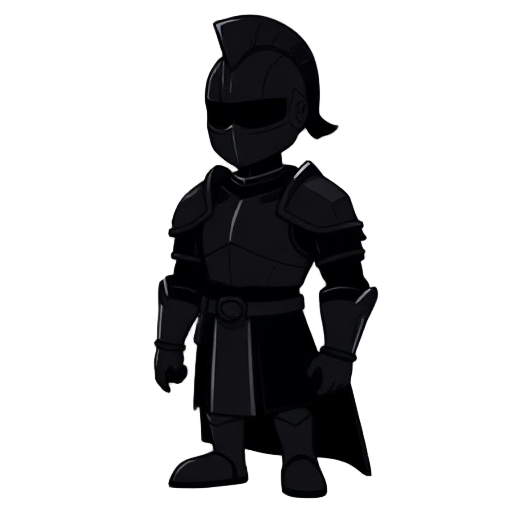 a completely black silhouette of a human figure wearing medieval armor. no visible details beyond the outer shape: helmet, shoulder plates, chest armor — all as a solid shadow. the image should be ent