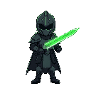 faça um personagem usando uma armadura preta com uma aura esverdeada emanando. ele deve segurar uma espada com a lamina verde