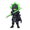 faça um personagem usando uma armadura preta com uma aura esverdeada emanando. ele deve segurar uma espada com a lamina verde