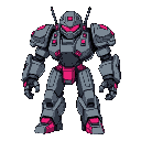 combat robot inspired by a retro futuristic style. the robot must have a bulky metallic gray armor with magenta details.