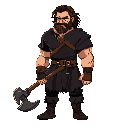 rugged male warrior with realistic proportions. tall muscular build, long messy brown hair, and a thick beard. stern and weathered expression. dark, practical clothing: a short-sleeved dark tunic, leather belt with bronze buckle. wielding a big battle axe