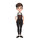 a neutral-feeling barista, dressed neatly like a barista, wearing black pants,  a fifth figure and long leg, 2d pixel arts