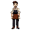 a neutral-feeling but young man like barista, dressed neatly like a barista, wearing black pants and brown apron, a fifth figure and long leg, 2d pixel arts