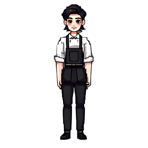 a neutral-feeling barista, dressed neatly like a barista, wearing black pants,  a fifth figure and long leg, 2d pixel arts