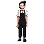 a neutral-feeling barista, dressed neatly like a barista, wearing black pants and apron,  a fifth figure and long leg, 2d pixel arts