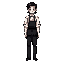 a neutral-feeling barista, dressed neatly like a barista, wearing black pants,  a fifth figure and long leg, 2d pixel arts