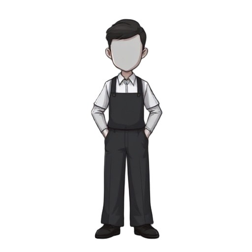 a neutral-feeling barista, an anonymous human being whose face is grayed out and whose impression is unrecognizable, dressed neatly like a barista, wearing black wide pants,  a fifth figure and long leg, 2d pixel arts