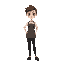 a neutral-feeling barista, dressed neatly like a barista, wearing black pants,  a fifth figure and long leg, 2d pixel arts