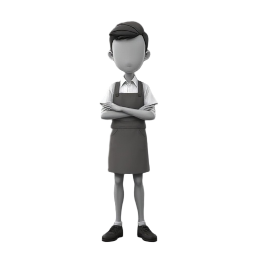 a neutral-feeling barista, an anonymous human being whose face is grayed out and whose impression is unrecognizable, dressed neatly like a barista, a fifth figure and long leg