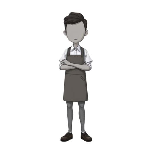 a neutral-feeling barista, an anonymous human being whose face is grayed out and whose impression is unrecognizable, dressed neatly like a barista, a fifth figure and long leg, 2d pixel arts