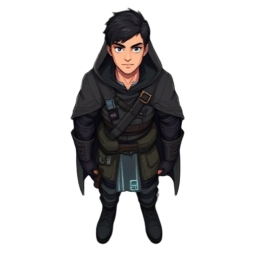 adult male, athletic build, short dark hair, worn hooded cloak over tactical gear, faint glowing lines on outfit hinting at time tech.