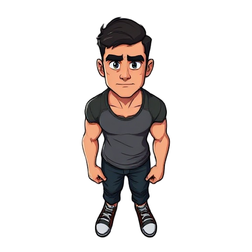 the main character is an adult male, mid-30s, with an athletic build. he has short, dark hair, a sharp jawline, and piercing eyes. his face is slightly unshaven, showing the roughness of someone stuck