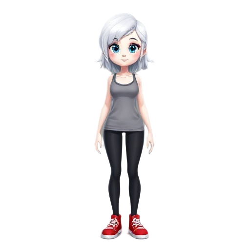 create a girl character with white skin and white hair wearing tank top and black tights and red shoes