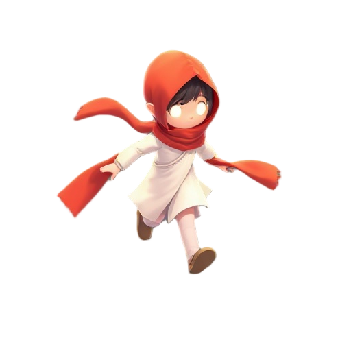 stylized 3d runner character, childlike figure, soft cel-shaded anime style, wearing a glowing white tunic and a long flowing red scarf, glowing eyes or hidden face, magical aura, hovering slightly ab