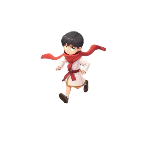 stylized 3d runner character, childlike figure, soft cel-shaded anime style, wearing a glowing white tunic and a long flowing red scarf, glowing eyes or hidden face, magical aura