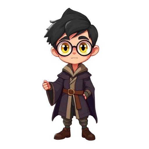 create a young human wizard, around 16 years old, golden eyes, black hair to ear length, uses a long staff, with a sphere on the end and wizard clothes, but shorter, large round glasses and has a gentle and adventurous appearance.