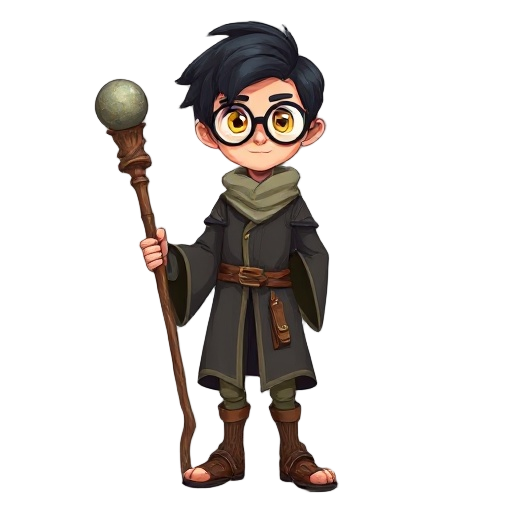 create a young human wizard, around 16 years old, golden eyes, black hair to ear length, uses a long staff, with a sphere at the end and wizard clothes, but shorter, large round glasses and has a gentle and adventurous appearance, the staff is made of oak