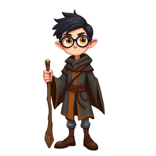 create a young human wizard, around 16 years old, golden eyes, black hair to ear length, uses a long staff, with a sphere at the end and wizard clothes, but shorter, large round glasses and has a gentle and adventurous appearance, the staff is made of oak