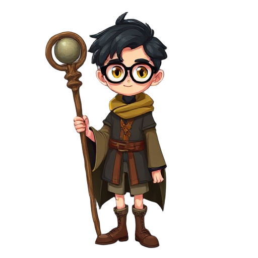 create a young human wizard, around 16 years old, golden eyes, black hair to ear length, uses a long staff, with a sphere at the end and wizard clothes, but shorter, large round glasses and has a gentle and adventurous appearance, the staff is made of oak
