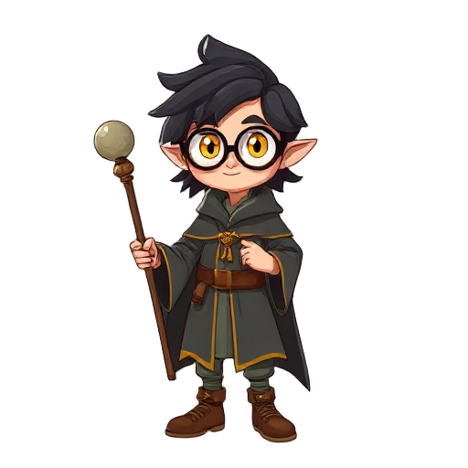create a wizard, young, around 16 years old, golden eyes, black hair to ear length, uses a long staff, with a sphere on the end and wizard clothes, but shorter, large round glasses and has a gentle and adventurous appearance